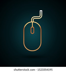 Gold line Computer mouse icon isolated on dark blue background. Optical with wheel symbol.  Vector Illustration