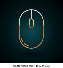 Gold line Computer mouse icon isolated on dark blue background. Optical with wheel symbol.  Vector Illustration