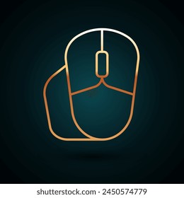 Gold line Computer mouse icon isolated on dark blue background. Optical with wheel symbol.  Vector