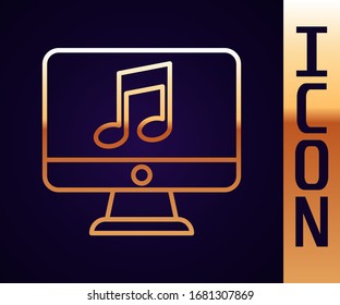 Línea dorada Equipo con símbolo de nota musical en el icono de pantalla aislado en fondo negro. Ilustración vectorial