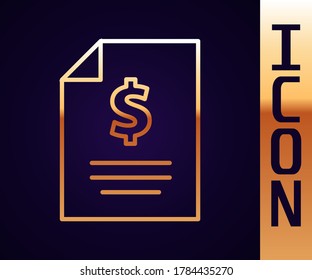 Gold line Contract money icon isolated on black background. Banking document dollar file finance money page.  Vector Illustration