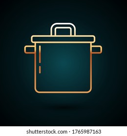 Gold line Cooking pot icon isolated on dark blue background. Boil or stew food symbol.  Vector