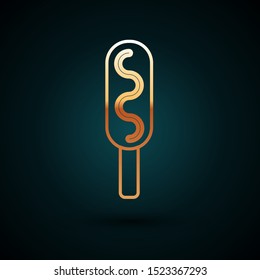 Gold line Corn dog icon isolated on dark blue background. Traditional american fast food.  Vector Illustration
