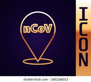 Gold line Corona virus 2019-nCoV on location icon isolated on black background. Bacteria and germs, cell cancer, microbe, fungi.  Vector Illustration