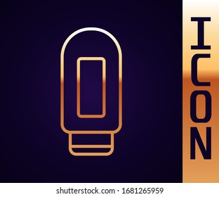 Gold line Cream or lotion cosmetic tube icon isolated on black background. Body care products for men.  Vector Illustration