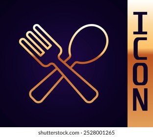 Gold line Crossed fork and spoon icon isolated on black background. Cooking utensil. Cutlery sign.  Vector