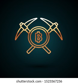 Gold line Crossed pickaxe icon isolated on dark blue background. Blockchain technology, cryptocurrency mining, bitcoin, altcoins, digital money market.  Vector Illustration