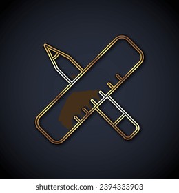 Gold line Crossed ruler and pencil icon isolated on black background. Straightedge symbol. Drawing and educational tools.  Vector