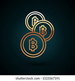 Gold line Cryptocurrency coin Bitcoin icon isolated on dark blue background. Physical bit coin. Blockchain based secure crypto currency.  Vector Illustration