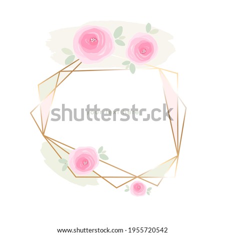 Gold line crystal frame, green brush strokes and rose flowers on a white background. Vector design template for card, cover, poster. 
