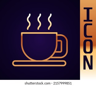 Gold line Cup of tea icon isolated on black background.  Vector