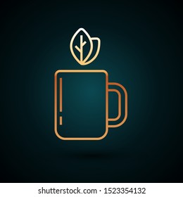 Gold line Cup of tea and leaf icon isolated on dark blue background.  Vector Illustration