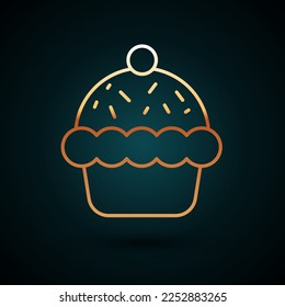 Gold line Cupcake icon isolated on dark blue background.  Vector