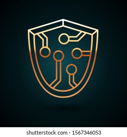 Gold line Cyber security icon isolated on dark blue background. Shield sign. Safety concept. Digital data protection.  Vector Illustration