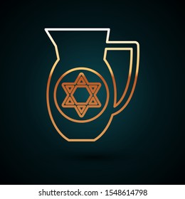 Gold line Decanter with star of david icon isolated on dark blue background. Pottery jug. Organic product in carafe.  Vector Illustration