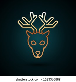 Gold line Deer head with antlers icon isolated on dark blue background.  Vector Illustration