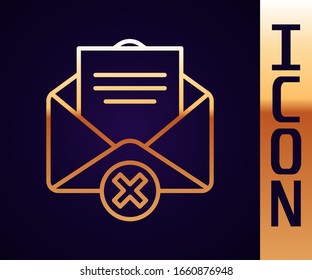 Línea dorada Icono de sobre Eliminar aislado en fondo negro. Eliminar o letra de error. Cruzar el mensaje. Correo rechazado. Ilustración vectorial