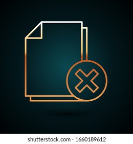 Gold line Delete file document icon isolated on dark blue background. Rejected document icon. Cross on paper.  Vector Illustration