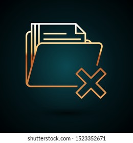 Gold line Delete folder icon isolated on dark blue background. Folder with recycle bin. Delete or error folder. Close computer information folder.  Vector Illustration