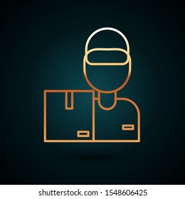 Gold line Delivery man with cardboard boxes icon isolated on dark blue background. Door to door delivery by courier.  Vector Illustration