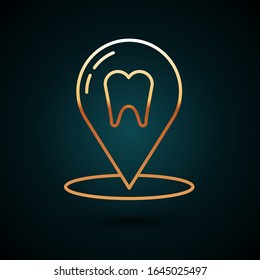 Gold line Dental clinic location icon isolated on dark blue background.  Vector Illustration