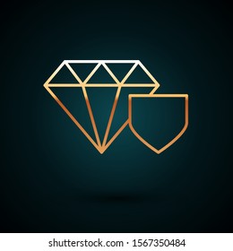Gold line Diamond with shield icon isolated on dark blue background. Jewelry insurance concept. Security, safety, protection, protect concept.  Vector Illustration