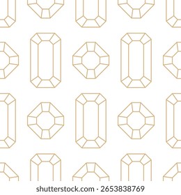 Patrón sin fisuras de diamantes de línea dorada sobre fondo blanco. Esmeralda geométrica y diseño de gemas de corte cuadrado. Fondo de diamantes art deco de lujo. Patrón geométrico de mosaico de rejilla de diamantes facetados lineales.