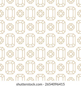 Linha de ouro diamantes padrão sem costura no fundo branco. Esmeralda geométrica e corte quadrado diamantes design. Geométrica facetada gemas grade mosaico padrão. Fundo de diamantes de arte deco linear de luxo.