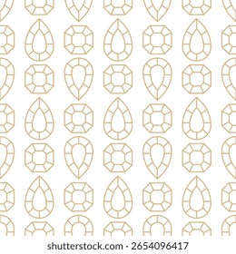 Goldlinie Diamanten nahtloses Muster auf weißem Hintergrund. Geometrische Birne und quadratische Diamanten Design. Geometrische facettierte Edelsteine Linien Muster. Luxus lineare Kunst Deko Diamanten Hintergrund.