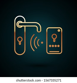 Gold line Digital door lock with wireless technology for unlock icon isolated on dark blue background. Door handle sign. Security smart home.  Vector Illustration