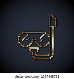 Gold line Diving mask and snorkel icon isolated on black background. Extreme sport. Diving underwater equipment.  Vector