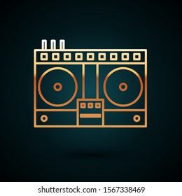Gold line DJ remote for playing and mixing music icon isolated on dark blue background. DJ mixer complete with vinyl player and remote control.  Vector Illustration