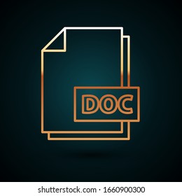 Documento de archivo DOC de línea de oro. Descargar icono del botón doc aislado en fondo azul oscuro. Símbolo de extensión de archivo DOC. Ilustración vectorial