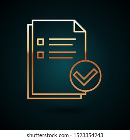 Gold line Document and check mark icon isolated on dark blue background. Checklist icon. Business concept.  Vector Illustration