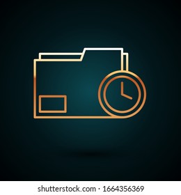 Gold line Document folder with clock icon isolated on dark blue background. Document and countdown, deadline, schedule, planning symbol.  Vector Illustration