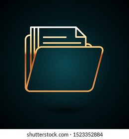 Gold line Document folder icon isolated on dark blue background. Accounting binder symbol. Bookkeeping management.  Vector Illustration