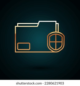 Línea dorada Icono de concepto de protección de carpetas del documento aislado en fondo azul oscuro. Información confidencial e idea de privacidad, guardia, escudo.  Ilustración vectorial