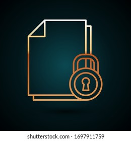 Línea dorada Icono de documento y bloqueo aislado en fondo azul oscuro. Formato de archivo y candado. Concepto de seguridad, seguridad y protección. Ilustración vectorial