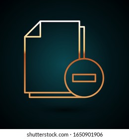 Documento de línea dorada con icono menos aislado en fondo azul oscuro. Borrar documento. Quitar documento de archivo. Eliminar archivo de información.  Ilustración vectorial