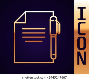 Gold line Document and pen icon isolated on black background. File icon. Checklist icon. Business concept.  Vector Illustration