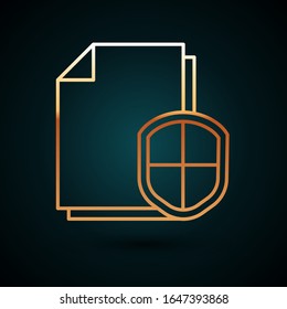 Línea dorada Icono de concepto de protección de documentos aislado en fondo azul oscuro. Información confidencial y idea de privacidad, segura, protectora, escudo.  Ilustración vectorial