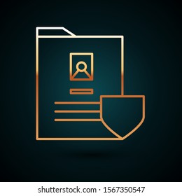 Gold line Document with shield icon isolated on dark blue background. Insurance concept. Security, safety, protection, protect concept.  Vector Illustration