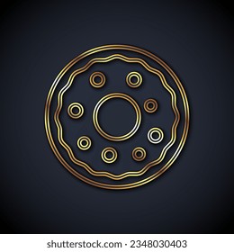 Gold line Donut with sweet glaze icon isolated on black background.  Vector