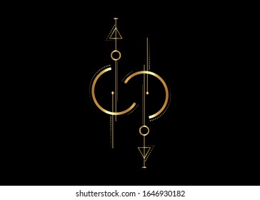 Gold Line Dot Tattoo Vector Art, new geometric design. Golden Sacred mystic signs drawn in lines, ethinic arrows icons isolated on black background 