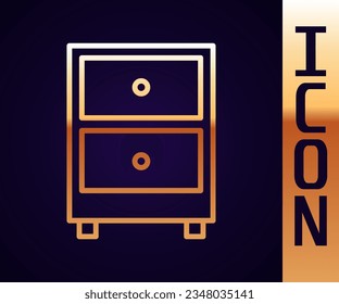 Gold line Drawer with documents icon isolated on black background. Archive papers drawer. File Cabinet Drawer. Office furniture.  Vector Illustration