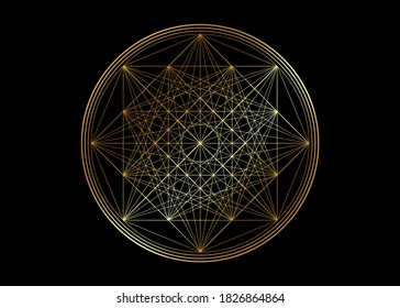 Gold line drawing mandala, sacred geometry, golden luxury logo design element. Geometric mystic mandala of alchemy esoteric symbol, vector illustration isolated on black background 