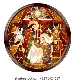 Gold line drawing of the scene of the birth of Jesus Christ in a classic round frame. Vector illustration