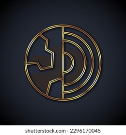Gold line Earth core structure crust icon isolated on black background.  Vector