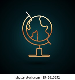 Gold line Earth globe icon isolated on dark blue background.  Vector Illustration