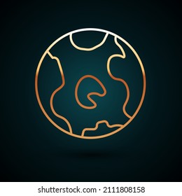 Gold line Earth globe icon isolated on dark blue background. World or Earth sign. Global internet symbol. Geometric shapes.  Vector Illustration